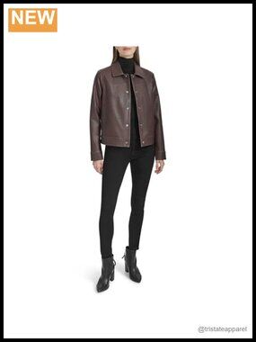 Women's Faux Leather Trucker Jacket with Snap Closure
